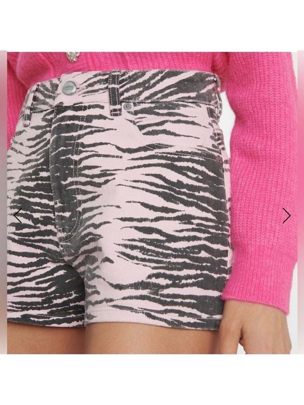 NWT GANNI black pink tiger stripe printed high rise denim shorts 30